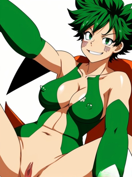 Green Haired Hentai Vixen Izuku Midoriya Exposes Her Big Tits And Pussy