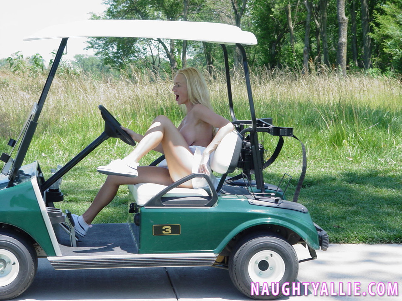 Blonde amateur Naughty Allie has lesbian group sex on a public golf course  - NakedPics