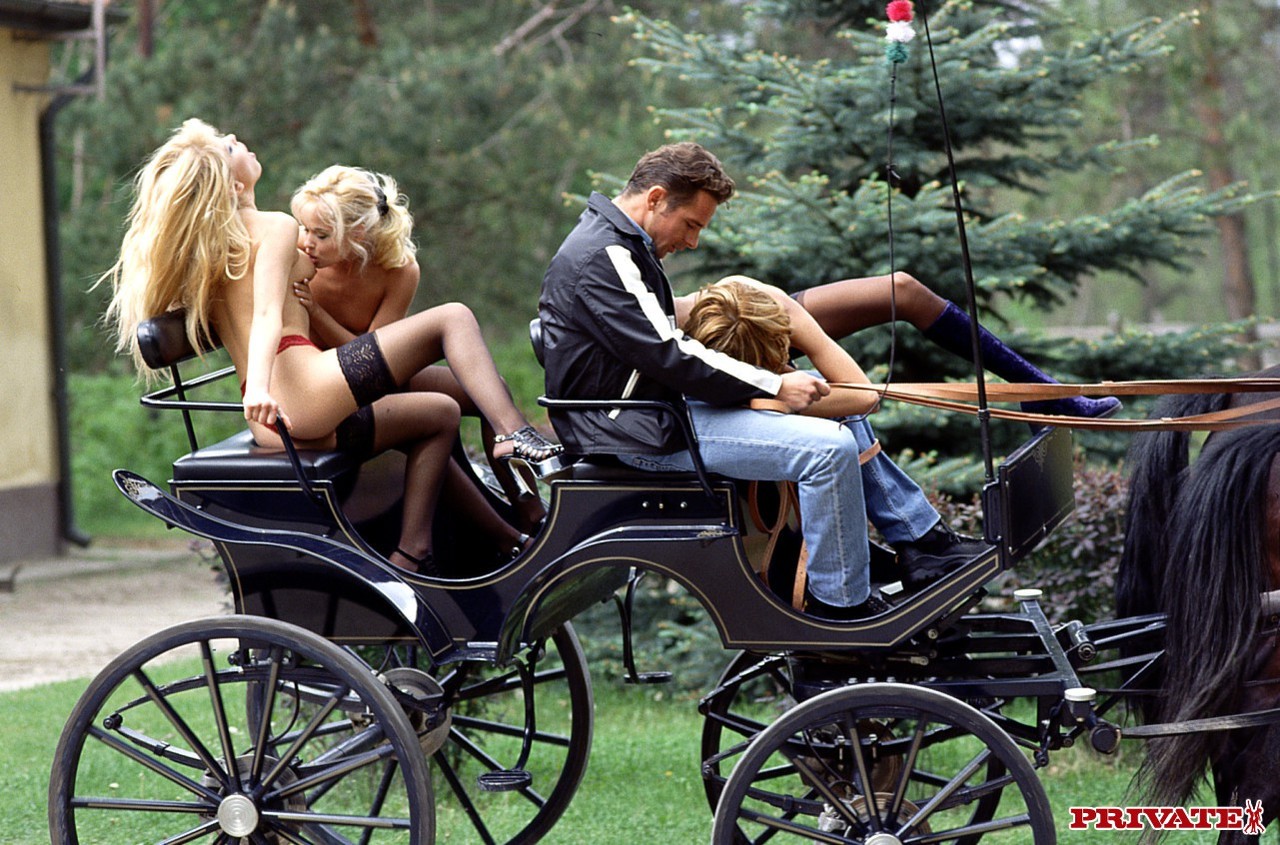 Three Euro sluts have a threesome in a horse-drawn carriage & on the grass  - NakedPics