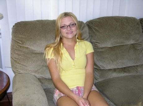 Young blonde Destiny D makes her nude premiere with glasses on her face