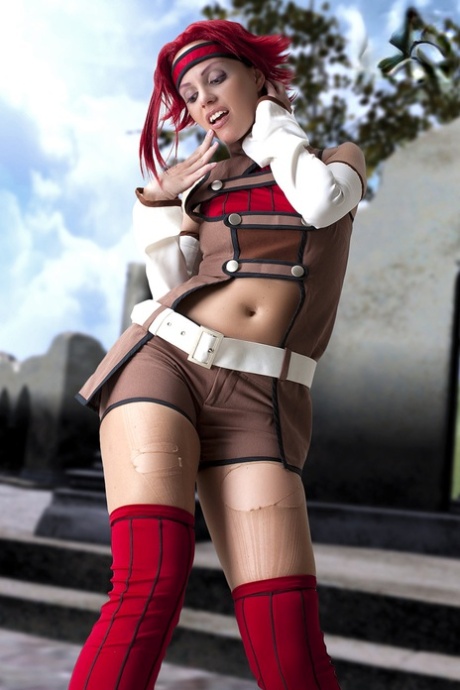 Kallen Stadtfeld cosplayer pauses to pull down her hose and pinch her nipples