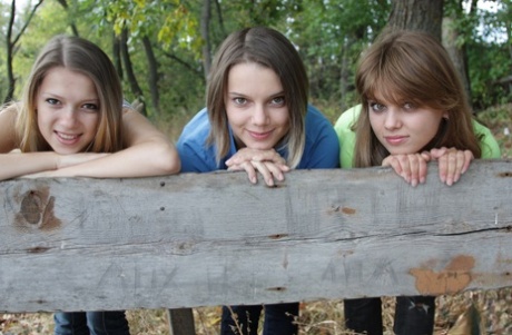 Three young looking girls gets naked on a wooden bench in the countryside