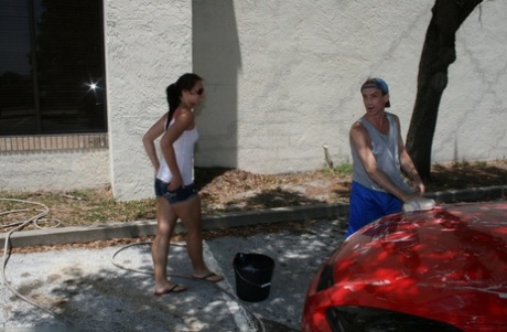 Teen slut Ashley Storm gets her car washed for the price of a handjob