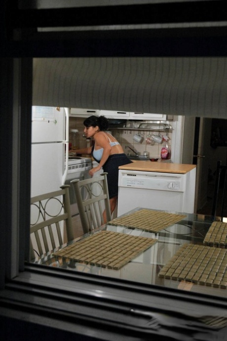 Pregnant Latina chick masturbates on top of a portable dishwasher