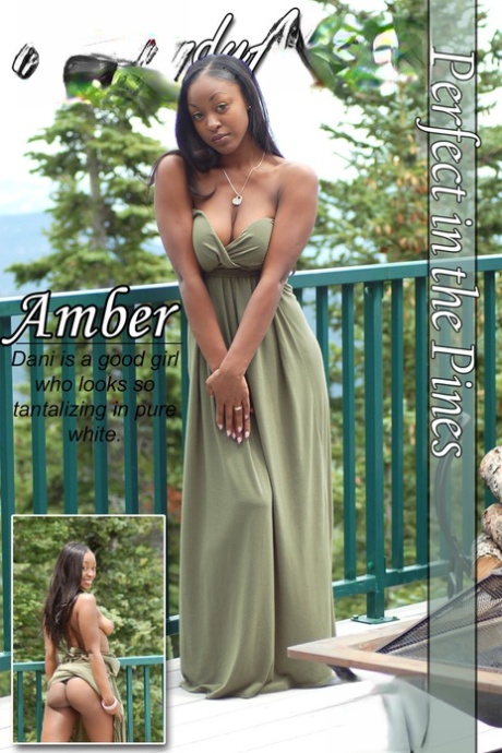 Amadora de ébano Amber liberta as suas grandes mamas de um vestido comprido numa varanda
