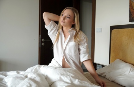 Young blond Jenny Wild seduces her man while they have breakfast