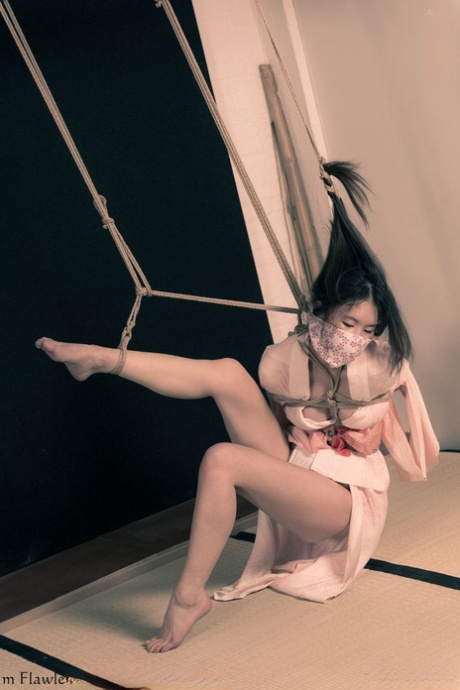 Asian chick Flawless Meow is tied with rope by her limbs and hair