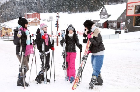 Young snow bunnies have an all girl orgy after a day of hitting the slopes