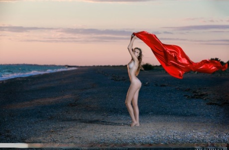 Young beauty Elle Tan models totally naked on the beach at sunset