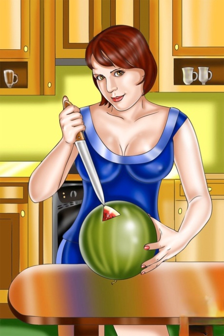 Roodharige tranny MILF steekt haar piemel in een watermeloen voor de seks met een ginger