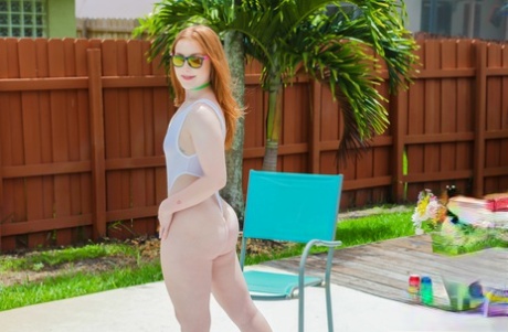 Dazzling redhead Amber Addis flaunts big ass outdoors & gets brutally fucked