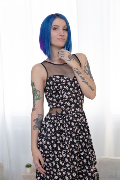 Blue haired tattooed teen Keoki Star gets pounded hard by a daddy