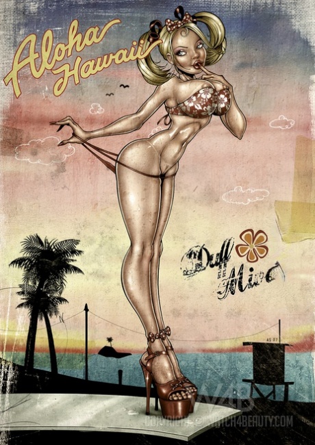 Raparigas de desenhos animados com mamas grandes e rabos curvilíneos posam em cartazes de produtos vintage
