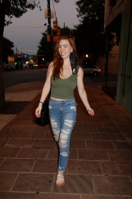 Nerdy redhead Nala Brooks flashes her big tit in public & strips naked at home