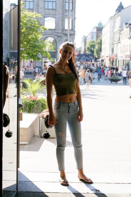Sexy babe Jessica Albanka shows her nice tits after teasing in jeans in public