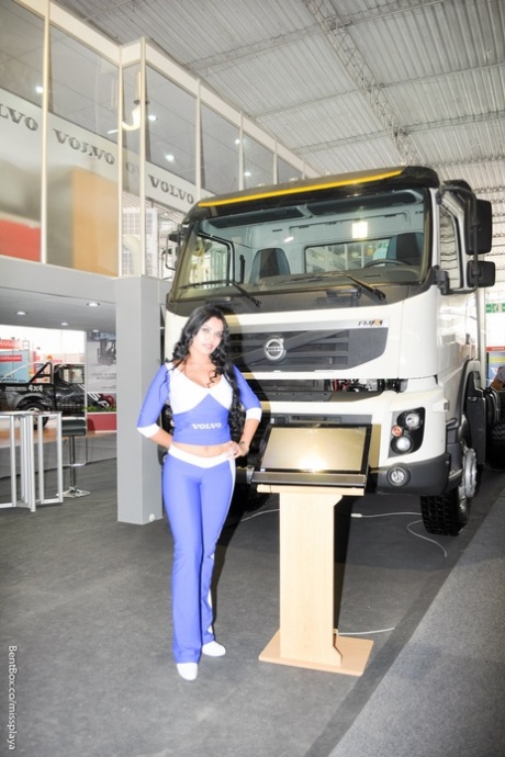 Volvo Promo Girls Posing In Their Sexy Blue Outfits At The Car Show