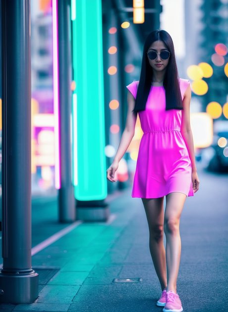 AI-genereret asiatisk babe Mira Delta poserer i sin lyserøde kjole og nøgen i offentligheden