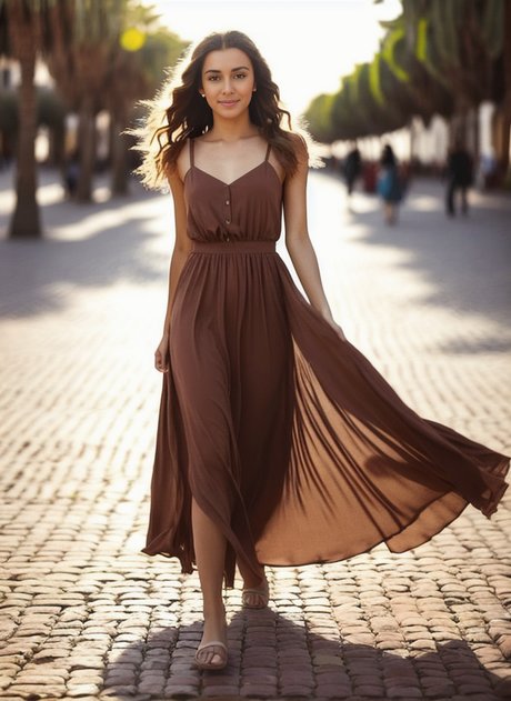Den vakre brunette-tenåringen Olga Milana tar av seg kjolen og går naken utendørs.