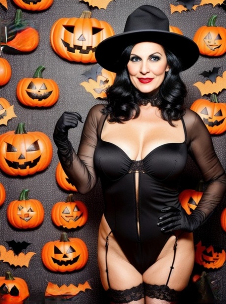 AI erzeugt Sasha Lansday zeigt ihre großen Titten in einem Fetisch-Halloween-Outfit