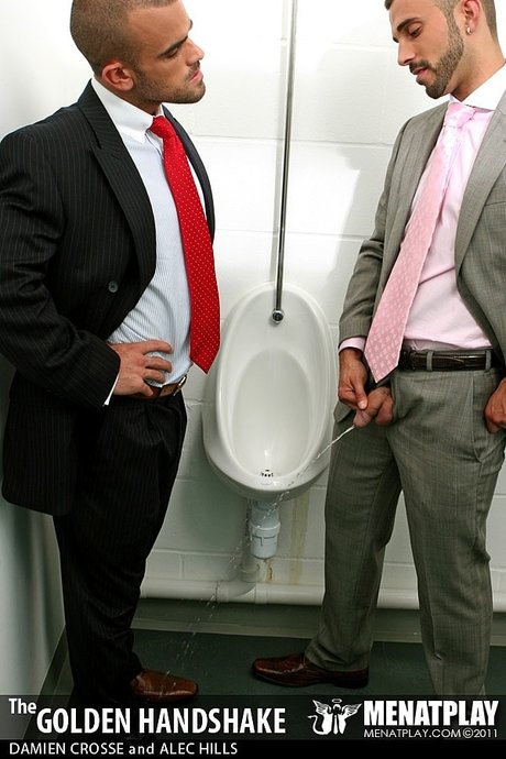 Hot gay businessmen Alec Hills & Damien Crosse fuck in the public bathroom