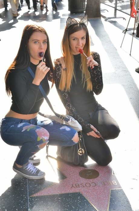 Cuties Lana Rhoades and Stella Cox strip, pose and masturbate with a dildo